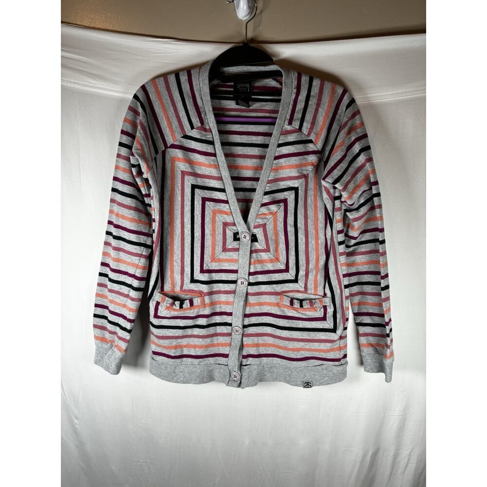💕 Stussy Women Small Striped Cardigan Sweater Cotton Y2K Skater Beach Retro